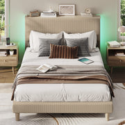 Bestier Full Platform Bed Frame with Adjustable Storage Headboard Shelf, Taupe Corduroy Upholstery, RGB LED Lighting, Supports 1100 lbs