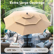 Alpha Joy 10ft 3 Tier Auto-Tilt Outdoor Patio Umbrella Beach Garden Double Vented Table Umbrella with Push Button and Crank, Beige