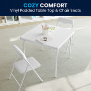 Flash Furniture Mindy Kids 3-Piece Folding Table and Chair Set, White, Vinyl Padded Top, Metal Frame, Foldable Design