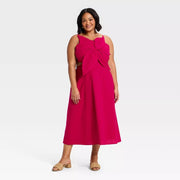 A New Day 94978524 Women's Constructed Flower Midi Dress, Cotton-Linen Blend, Dark Pink, Adjustable Waistband, L