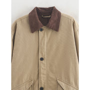 ScarletteEmmy Mid-Length Oversized Canvas Jacket for Women, Khaki, Contrast Corduroy Collar, Loose Fit Utility Coat, Lightweight Casual Outerwear