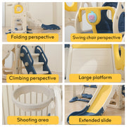Zimeng 6 in 1 Toddler Slide and Swing Set, Indoor Outdoor Playground Playset, Beige Blue, HDPE Plastic, Includes Slide, Swing, Basketball Hoop, Storage Basket, 3-Story Staircase
