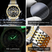 OPK Men's Diamond Luxury Dress Watch, Analog Quartz, 42mm Black Dial, Gold Stainless Steel Band, Water-Resistant 30m, Date Display WA-K-G8174GJ-JH