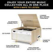 Victrola Century 6-in-1 Music Center, 3-Speed Turntable, CD Player, Cassette Player, VINYLSTREAM Bluetooth Output, Built-In Stereo Speakers, Natural Finish, VTA-820SB-NAT