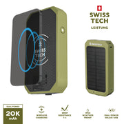 Swiss Tech Leistung Power Bank, 20000 mAh, Wireless Charging Pad, IP54 Weatherproof, Dual USB-A, USB-C, Micro USB Ports, Built-in 100 Lumen Flashlight