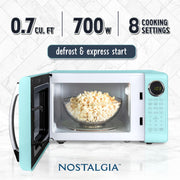 Nostalgia Retro 700W Countertop Microwave Oven, 0.7 Cu Ft Capacity, Aqua, 8 Auto Cook Programs, LED Display, Rotating Glass Turntable, NRMOPMSW7AQ6A
