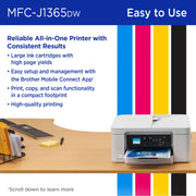 Brother INKvestment 1365 Wireless Color Inkjet All-in-One Printer with Automatic Duplex Printing, 1.8 in Color Display, White, MFCJ1365DW