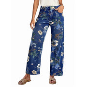 Floral Print Wide Leg Pants for Women, Trendy Mid-Rise Waist, Boho Ankle Length, Blue, Size L