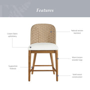 Whalen Limited Saylor Counter Height Barstools Set of 2, Solid Wood, Natural Woven Backrest, Padded Beige Fabric Seat, Farmhouse Style, MT65250047100A1