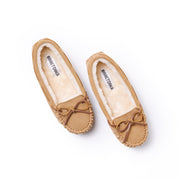 Minnetonka Cally Women's Slipper, Cinnamon Suede, Faux Fur Lined, Moccasin Toe, Leather Tie, Thin Rubber Outsole, Size 9