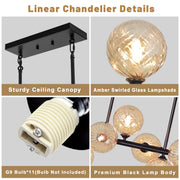 Lzawvm Linear Chandelier, 11-Light Pendant with Amber Swirled Glass Globes, Black Metal Finish, Adjustable Height, 51 Inch, 48719
