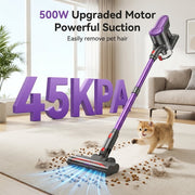 ARTSEA Cordless Stick Vacuum Cleaner, 500W Motor, 45Kpa Suction, V-Shape Anti-Tangle Brush with LED Light, 3-in-1 Lightweight Design, 50-Min Runtime, 1.5L Dust Cup, F02T