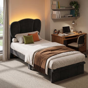 Pinmoco Twin Bed Frame with Adjustable Flower-Shaped Upholstered Headboard, RGB LED Lighting, Chenille Fabric, Black