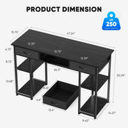 edx D-3CZ Small Desk Fabric Drawers & Storage Shelves, 48 Inch, Balck