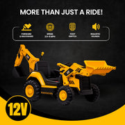 Kid Trax 12V CAT Backhoe Loader Ride-On Excavator with Functional Loaders, Realistic Sounds, MP3 Player, Yellow and Black, Ages 3-6, Supports Up to 66 lbs