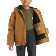 Carhartt Boys Flannel Quilt-Lined Hooded Canvas Jacket, Insulated Pockets, Brown, X-Large, CP8545