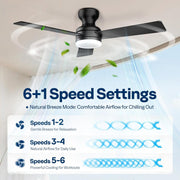 SPECSTAR 42 Inch Low Profile Ceiling Fan with Dimmable 3-Color LED Light, Remote Control, 6+1 Speeds, Reversible DC Motor, Black, Flush Mount