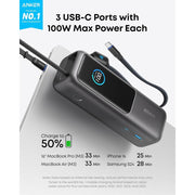 Anker Laptop Power Bank, 25,000mAh, 165W, Triple 100W USB-C Ports, Built-In Retractable USB-C Cables, Black, A1695H11