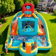 Patbrela 9 in 1 Large Inflatable Water Slide Bounce House with 750W Blower, Dual Water Slides, Water Blasters, Deep Pool, Basketball Hoop, Water Cannon, 211 in x 104 in x 143 in