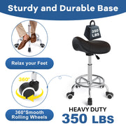 OUTMASTER Saddle Stool with Wheels, Ergonomic Wide PU Leather Seat Cushion, Adjustable Height 19-24.5 in, 360 Swivel, Black