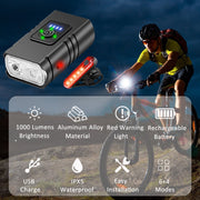RONY Mountain Bike Light Set, 1000 Lumen Rechargeable Front and Rear LED Lights, Waterproof, Black