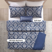 VCNY Home Damask 5-Piece Blue Jacquard Comforter Set, Full/Queen, Hypoallergenic, All-Season, MSD566170522026