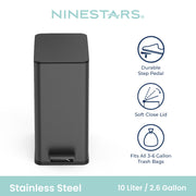Nine Stars Step-On Bathroom Trash Can, 3 Gallon, Fingerprint-Resistant Stainless Steel, Soft-Close Lid, Pedal Operation, Black