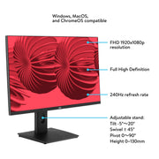 onn 27-Inch FHD Gaming Monitor, 1920 x 1080p, 240Hz Refresh Rate, 1ms Response Time, AMD FreeSync Premium, Built-In Speakers, Adjustable Stand, Black, 36022490