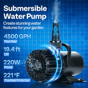 SPECSTAR 220W Submersible Pond Pump, 4500 GPH Flow Rate, 180 Adjustable Nozzle, Barrier Bag, Durable ABS Housing, VH1740US