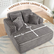 Muumblus Oversized Chaise Lounge Chair, Plush Corduroy Upholstered, Queen Sofa Bed, Reclining, Mid-Century Modern, Gray