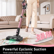 Cocbny A27 Cordless Stick Vacuum Cleaner, Powerful 350W Suction, Green LED Light, Anti-Tangle Brush, Lightweight 7 lb, Rechargeable with Detachable Battery, Pink