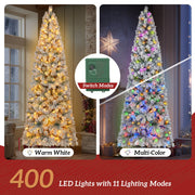 Firstness 7.5ft Pre-Lit Snow Flocked Artificial Pencil Christmas Tree with 400 Multicolor LED Lights, Hinged Branches, Sturdy Metal Stand