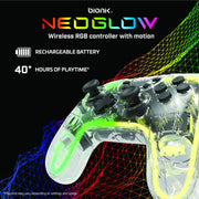 Bionik NeoGlow Wireless RGB Gaming Controller with Motion-Sensing Gyroscope, Turbo Mode, Transparent Shell, 900 mAh Battery for Nintendo Switch, PC, Android