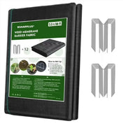 BSHAPPLUS 3.3x50ft Weed Barrier Fabric, 3.2oz Landscape Fabric, Heavy Duty Geotextile Fabric with 12 U-Shaped Safety Stakes