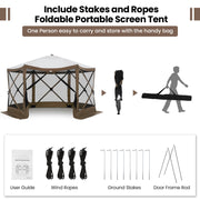 Hoteel H0044 12x12ft Pop-up Gazebo EZ Set-up Camping Canopy Tent with 6 Sides Mosquito Netting, Brown