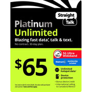 InComm Straight Talk 65 Platinum Unlimited Prepaid Mobile Service Plan with Unlimited Talk Text Data, Unlimited Hotspot, Device Protection, International Calling, 30-Day