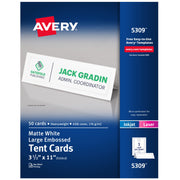 Avery Tent Cards, Large Embossed Border, Heavyweight Matte White Cardstock, 3.5 x 11 in, 50 Count, 5309