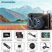 Brewene 4K Digital Camera, 64MP Ultra-High-Definition, Dual Lens with 16x Optical Zoom, Autofocus, 3-Inch IPS HD Screen, 32GB SD Card, Dual Rechargeable Batteries