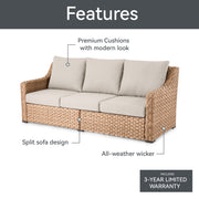 Better Homes & Gardens River Oaks Outdoor Sofa Set with 2 Nesting Tables, Beige Wicker, Galvanized Steel Frame, Marble Tile Tops, Patio Cover