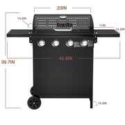Kingchii DBR204C 4-Burner Propane Grill, 38,000 BTUs Gas Grill with Foldable Side Tables, Built-in Thermometer, Black