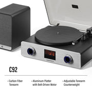 Crosley C92A-BK Belt-Drive Turntable with Vacuum Tube Preamplifier, Carbon Fiber Tonearm, Bluetooth, 120W Stereo Speakers, Black