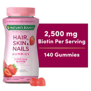Nature's Bounty Hair Skin and Nails Vitamins with Biotin, Strawberry Flavor Gummies, 2500 mcg, 140 Count, 080152
