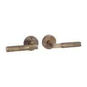 Straight Knurled Solid Brass Passage Interior Door Set w/ Round Escutcheon Lever Handle - Right Hand - No Backset - Antique Brass