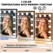 COOLJEEN Large Hollywood Vanity Makeup Mirror with 15 LED Lights, Adjustable Brightness, 3 Color Modes, 10x Magnification, White Metal Frame, Wall Mount and Tabletop, 5846NU-White