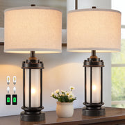 JUJUYUYOP Rustic Farmhouse Table Lamp Set of 2, 25 Inch Black Metal Base, Linen Shade, Dual USB Charging Ports, Night Light Function, LED Bulbs Included, JU-8986