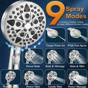 Jill Deaaa 9-Mode High Pressure Shower Head with Pause Button, Anti-Clog Nozzles, Stainless Steel Hose, Chrome, ECOHALT-S1