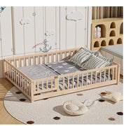 Triple Tree Montessori Full Floor Bed Frame for Toddlers with Wooden Fence and Slats, Natural