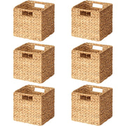 Tooloton 6-Pack Woven Storage Bins with Handles, Natural Rattan Water Hyacinth Organizer, Brown Square Storage Baskets, 10.5x10.5x10.5 in