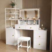 Eunon 398YEIUHF87ER Large Vanity Desk with Extra-Large LED Mirror, 3 Color Modes, Adjustable Brightness, Built-In Power Strip, Storage Shelves, 5 Drawers, White with Padded Stool