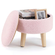 Concetta Round Storage Ottoman with Soft Teddy Velvet Upholstery, Sturdy Wood Legs, Pink, Compact Size